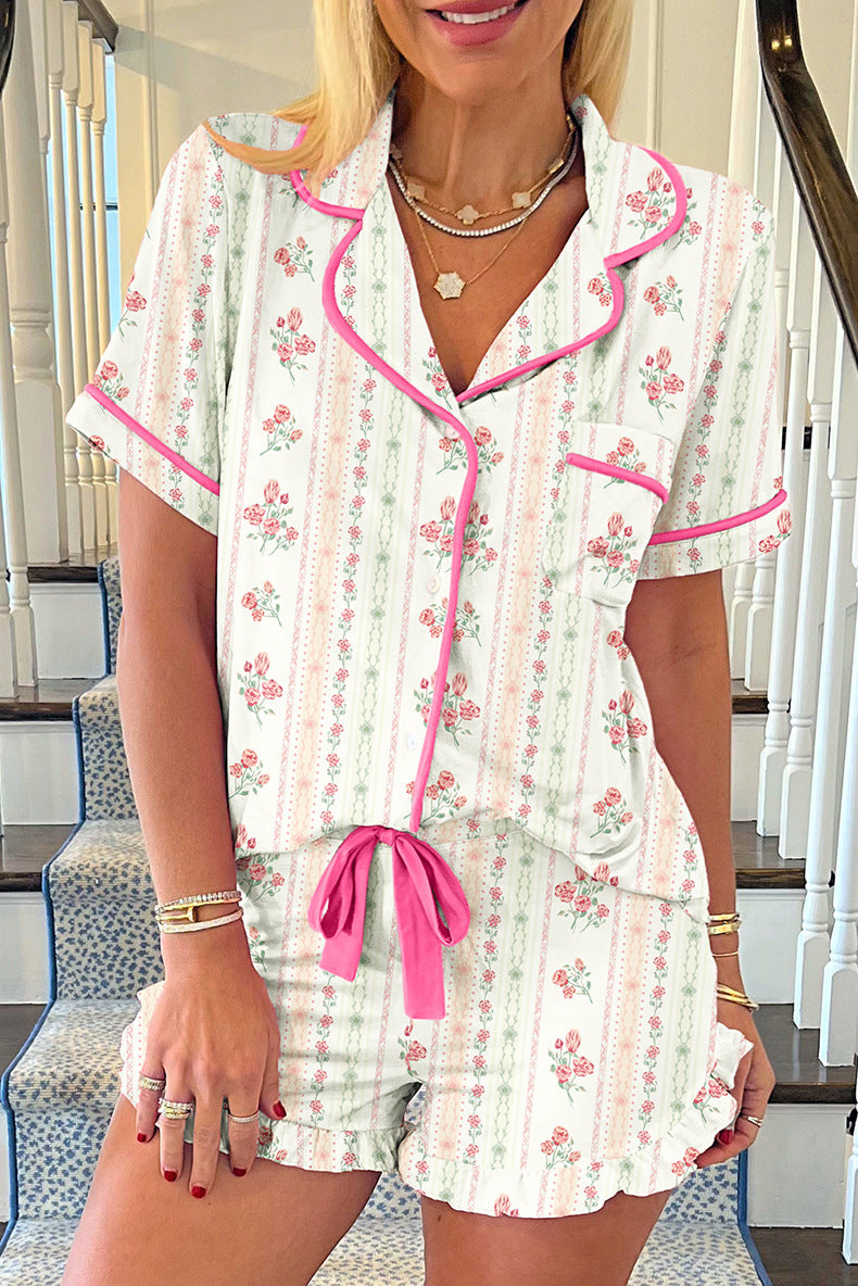 White Floral Print Ruffle Hem Shorts PJ Set