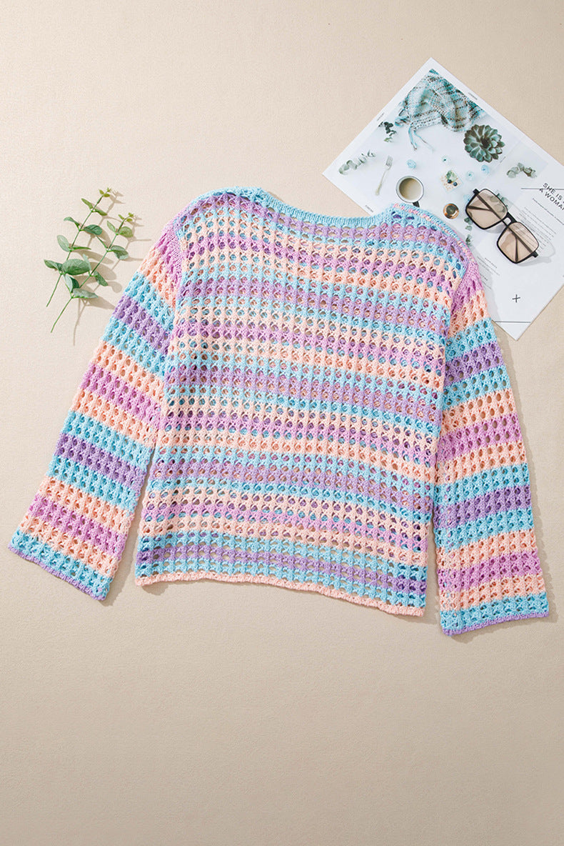 Purple Striped Hollow Knit Cover Up