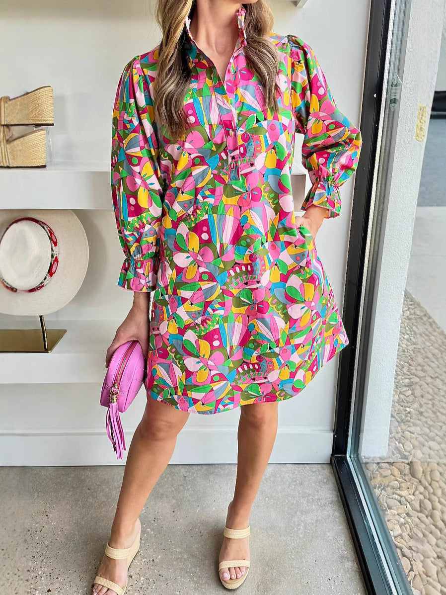 Abstract Lantern Sleeve Buttoned Mini Dress