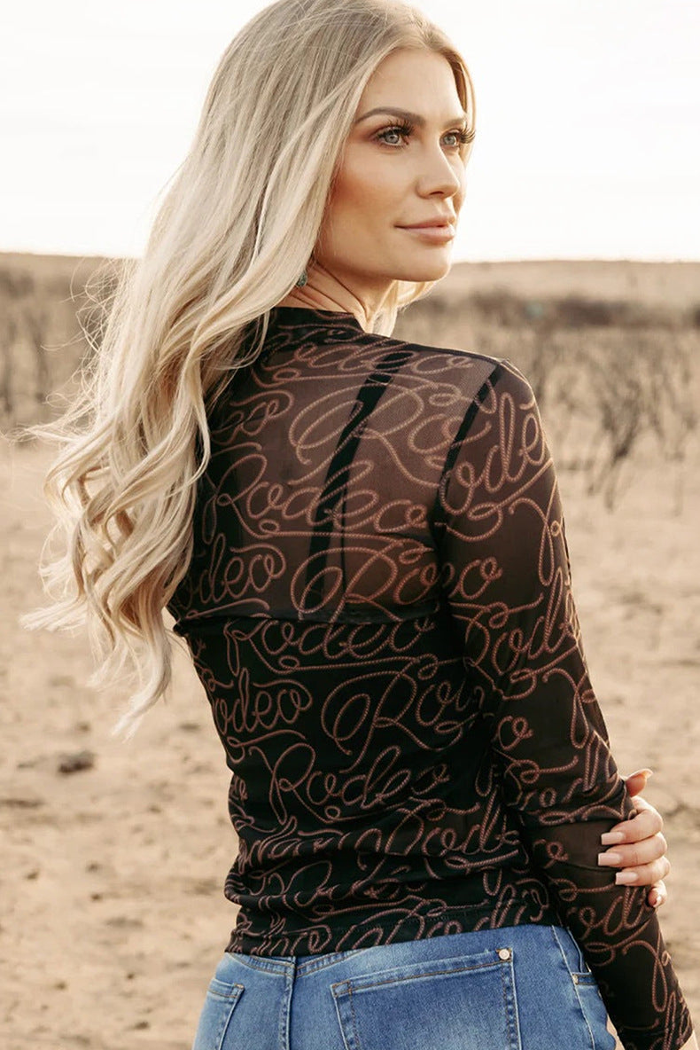 Western Rodeo Long Sleeve Mesh Top