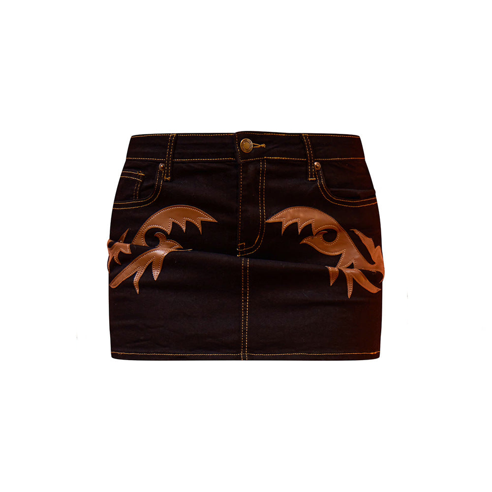 Black Western Patch Detail Denim Corset and Mini Skirt Set