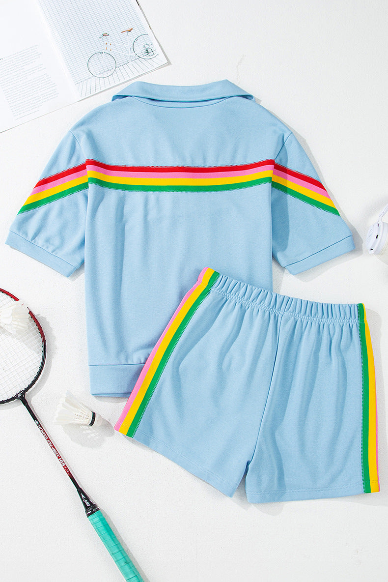 Rainbow Colorblock Collared Top & Shorts Set