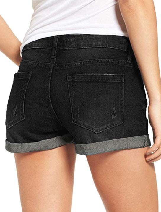 Folded Distressed Denim Shorts