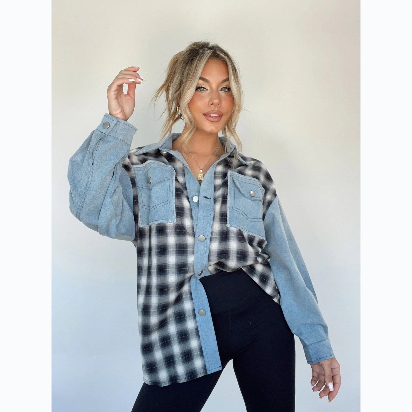 Women Denim Plaid Shacket