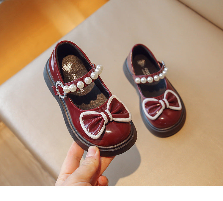 Bowtie Peal Leather Mary Jane Shoes for Girls