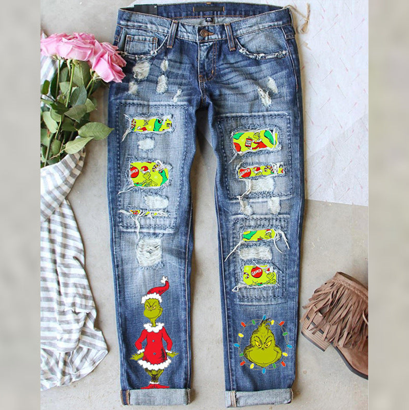Women Christmas Grinch Distressed Denim Jeans