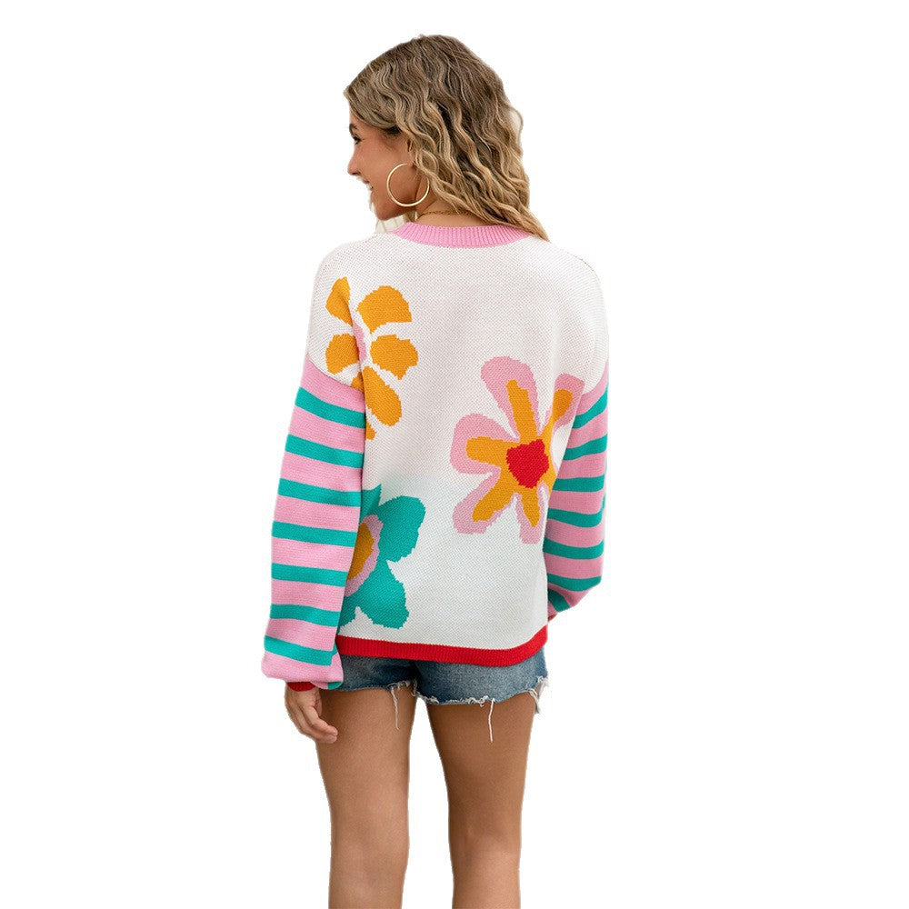 Women Floral Striped Sleeve Sweaters