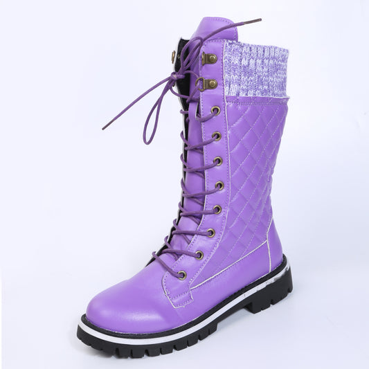Winter Quilted Martin Boots with Lace Up and Side Zipper