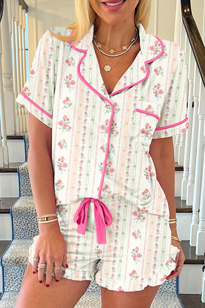 White Floral Print Ruffle Hem Shorts PJ Set