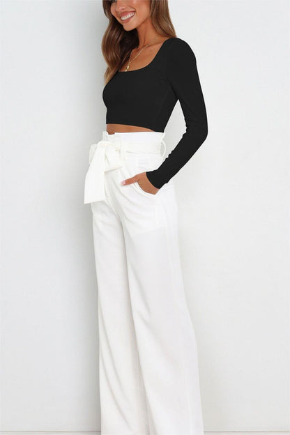 Tie Front Paperbag Wide Leg Pants