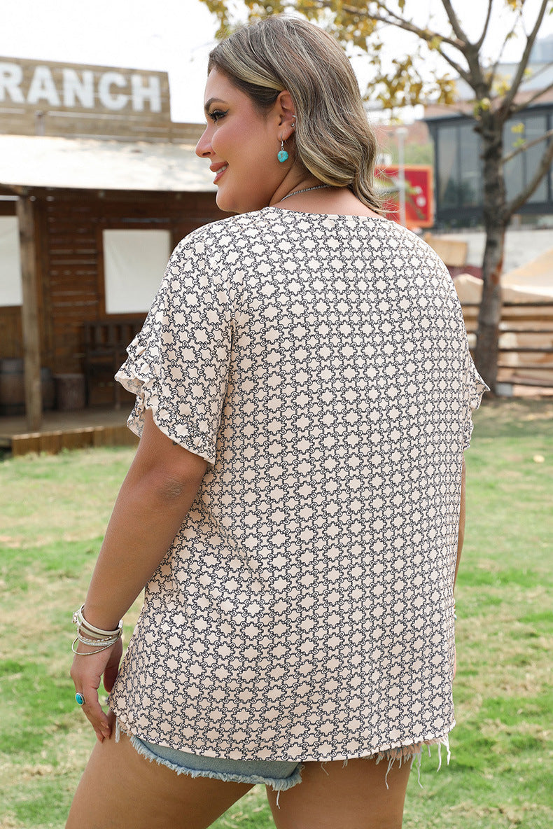Round Neck Allover Print Ruffle Sleeve Top