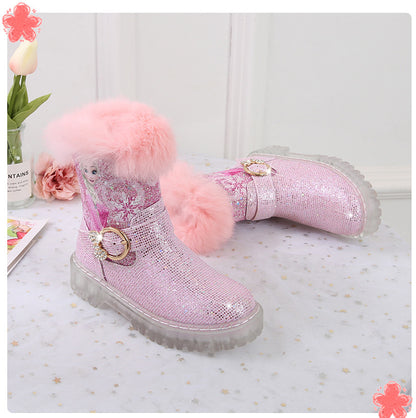 Girl Fairy Elsa Glitter Boots with Faux Fur Trim