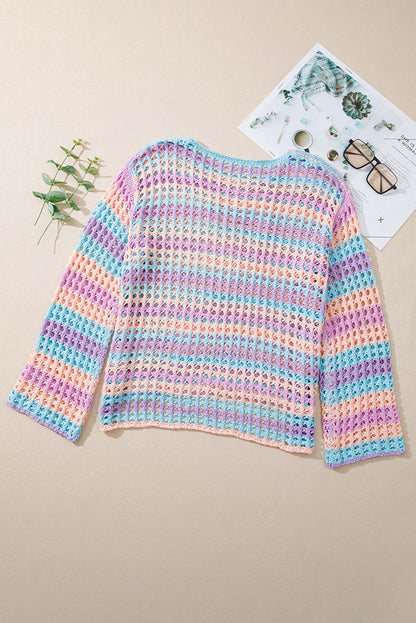 Purple Striped Hollow Knit Cover Up