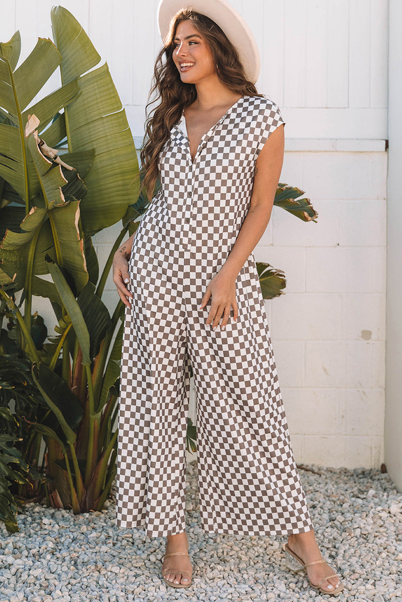 Khaki Checkered Print Buttoned Jumper