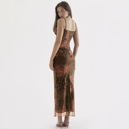 Mesh Floral Corset Maxi Dress