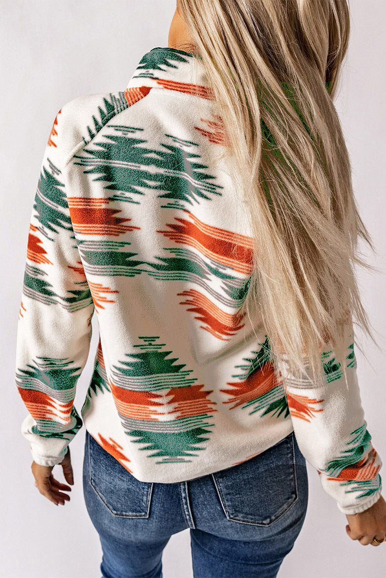 Aztec Print Stand Neck Snap Buttons Jacket
