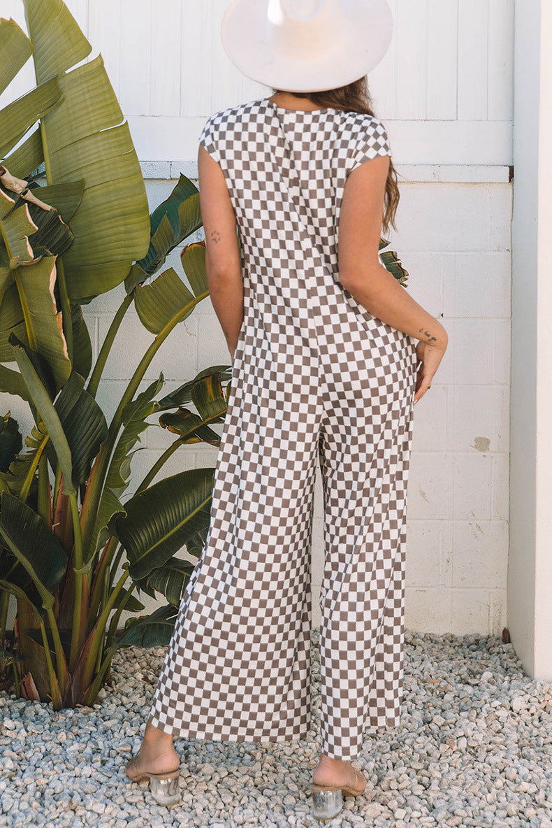 Khaki Checkered Print Buttoned Jumper