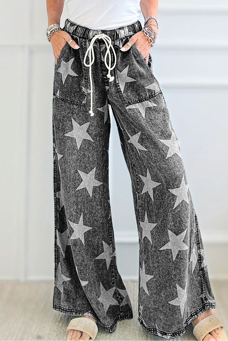 Star Print Light Wash Drawstring Pants