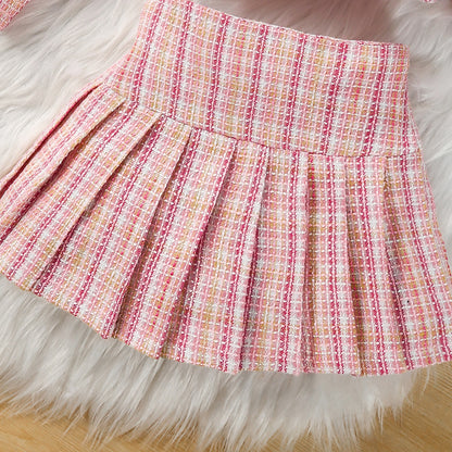Girls Trendy Pink Tweed Jacket and Skirt Set