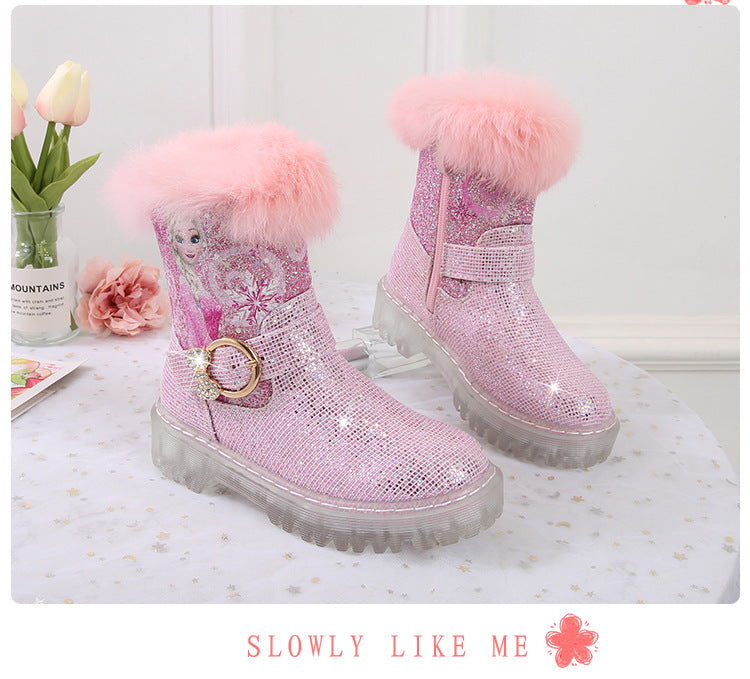 Girl Fairy Elsa Glitter Boots with Faux Fur Trim