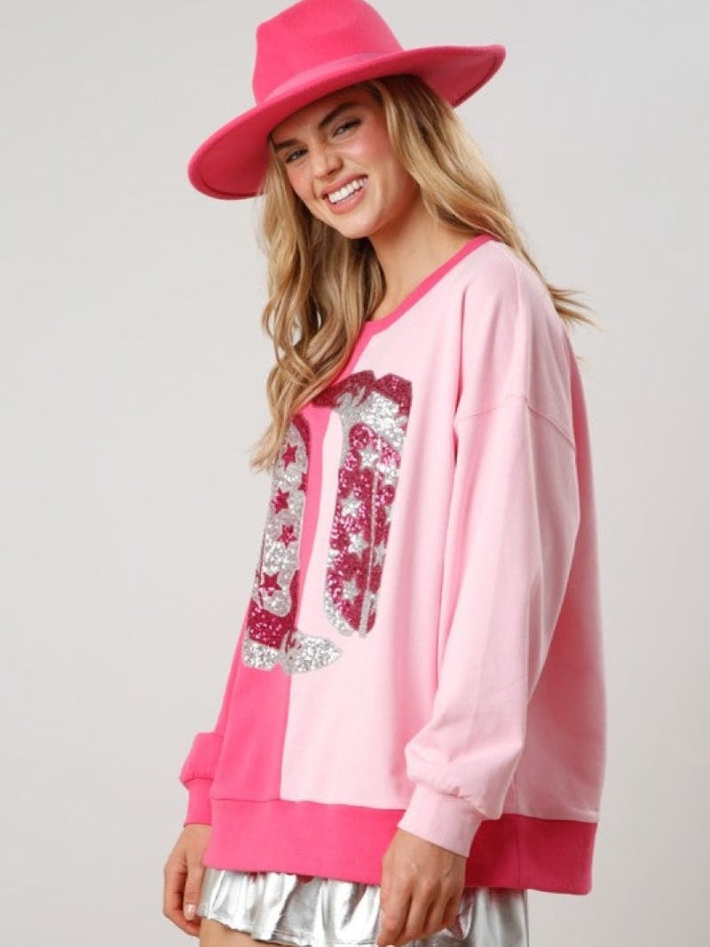 Color Block Sequined Cowgirl Boots Tee