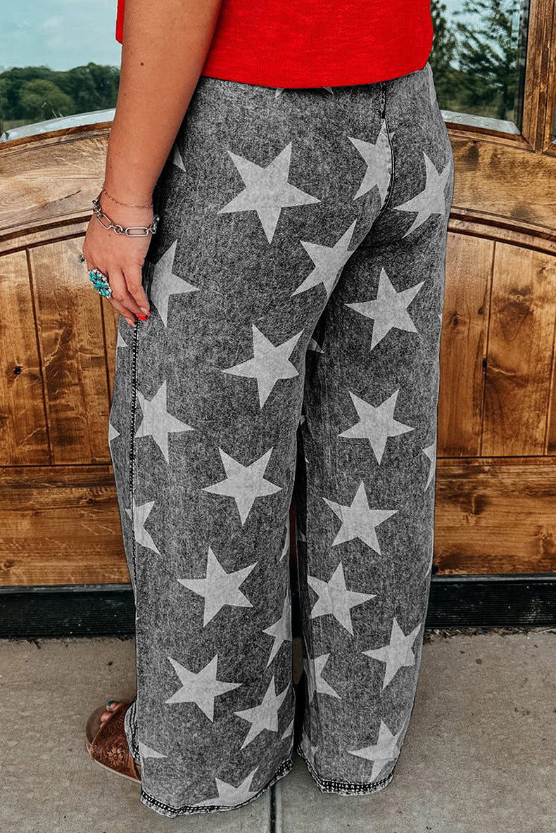 Star Print Light Wash Drawstring Pants