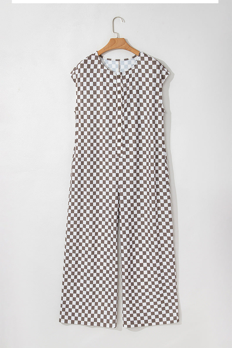Khaki Checkered Print Buttoned Jumper