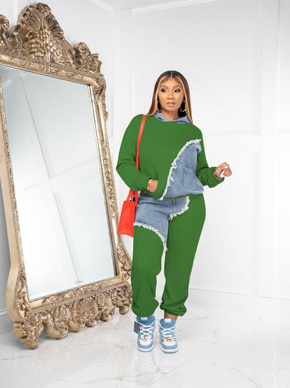 Denim Patch Pocket Design Hoodie & Pants Set