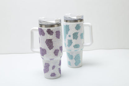 Rhinestone Cow Print 40oz Double Wall Stainless Steel Vacuum Tumbler With Handle