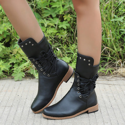 Lace Up Beaded Chunky Heel Mid Calf Boots