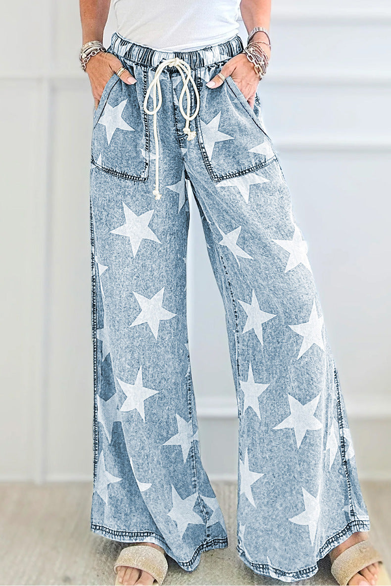 Star Print Light Wash Drawstring Pants