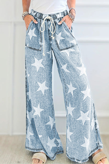 Star Print Light Wash Drawstring Pants