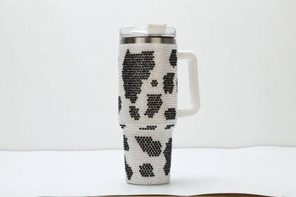 Rhinestone Cow Print 40oz Double Wall Stainless Steel Vacuum Tumbler With Handle
