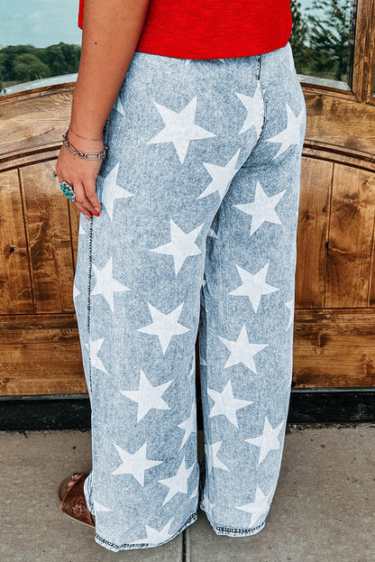 Star Print Light Wash Drawstring Pants
