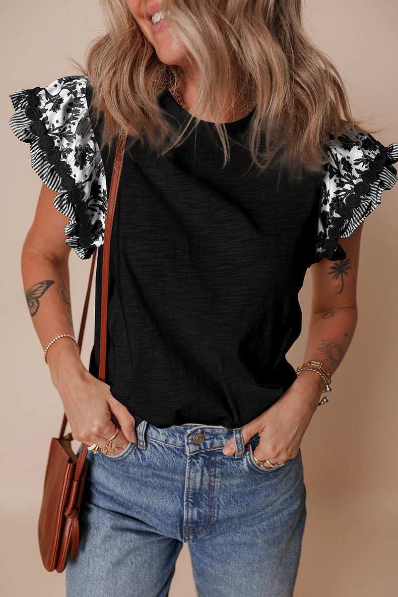 Ricrac Trim Printed Flutter Sleeve Top