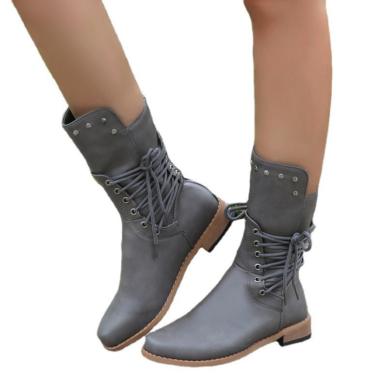 Lace Up Beaded Chunky Heel Mid Calf Boots