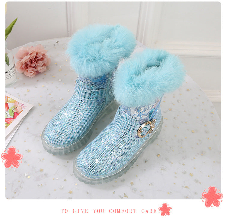 Girl Fairy Elsa Glitter Boots with Faux Fur Trim