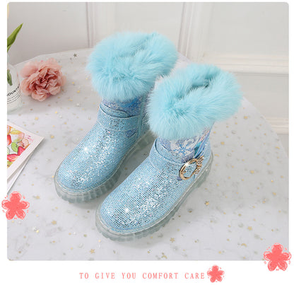 Girl Fairy Elsa Glitter Boots with Faux Fur Trim