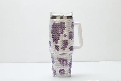 Rhinestone Cow Print 40oz Double Wall Stainless Steel Vacuum Tumbler With Handle