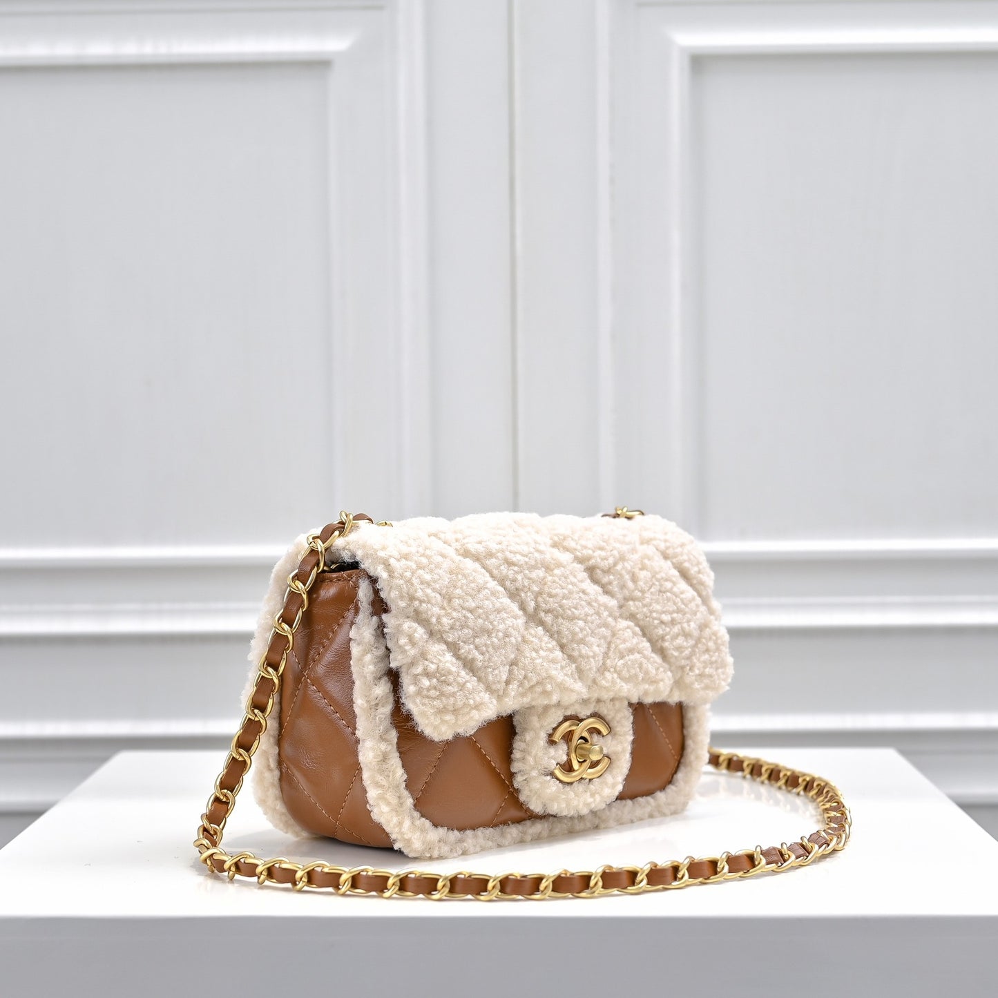 Shearling Lambskin Gold-Tone Metal Flap Bag