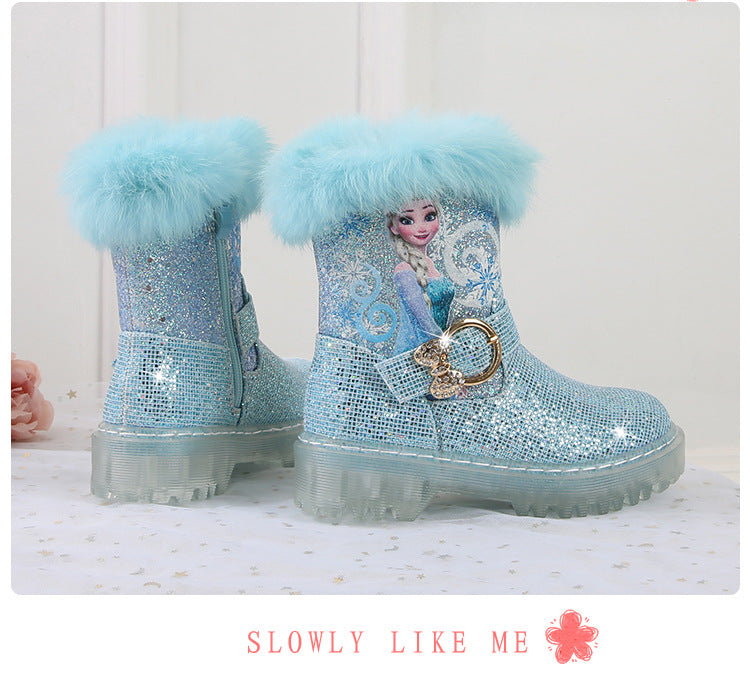 Girl Fairy Elsa Glitter Boots with Faux Fur Trim