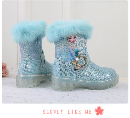 Girl Fairy Elsa Glitter Boots with Faux Fur Trim