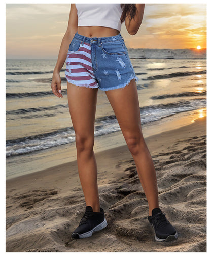 Star & Striped Pattern Denim Shorts