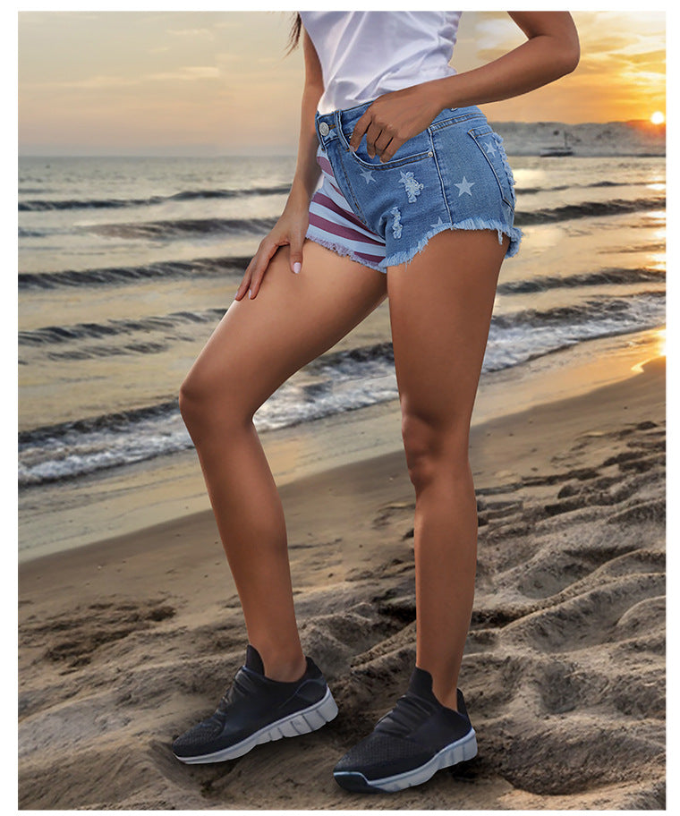 Star & Striped Pattern Denim Shorts