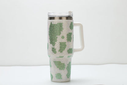 Rhinestone Cow Print 40oz Double Wall Stainless Steel Vacuum Tumbler With Handle