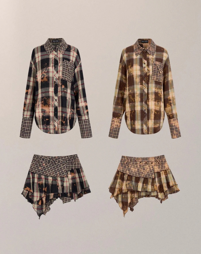 Check Shirt with Versatile Lace Vest Set