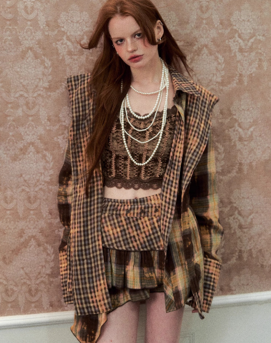 Check Shirt with Versatile Lace Vest Set