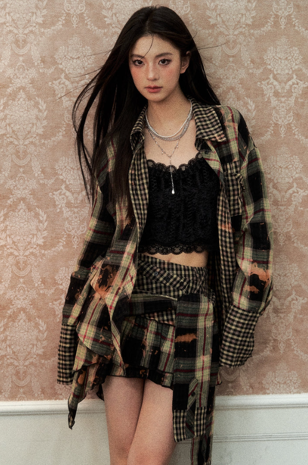 Check Shirt with Versatile Lace Vest Set