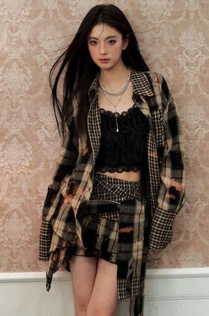 Check Shirt with Versatile Lace Vest Set