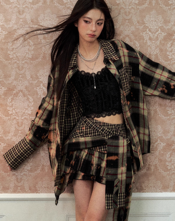 Check Shirt with Versatile Lace Vest Set
